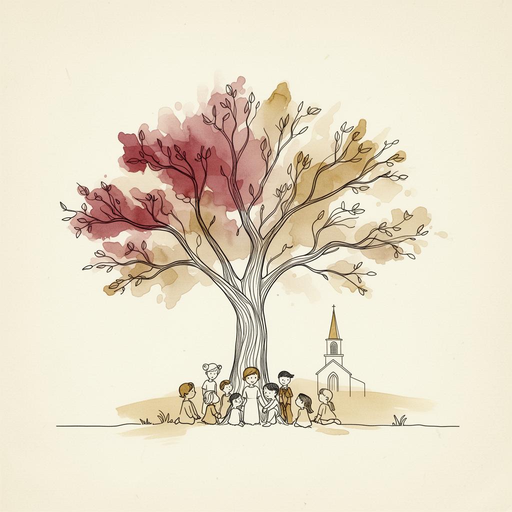 Tree sheltering children with a small chapel, wispy line illustration