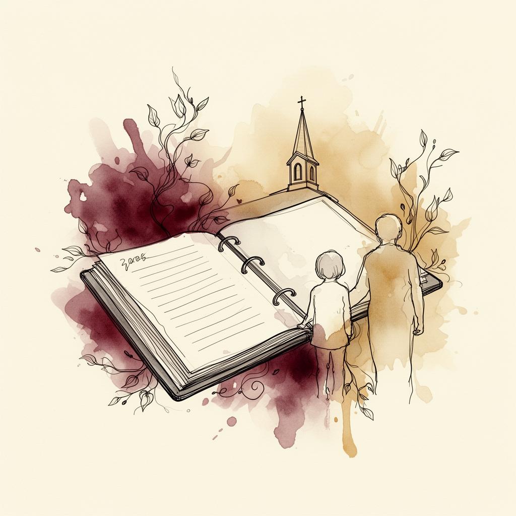 Legal documents and quill with a chapel and children in the distance