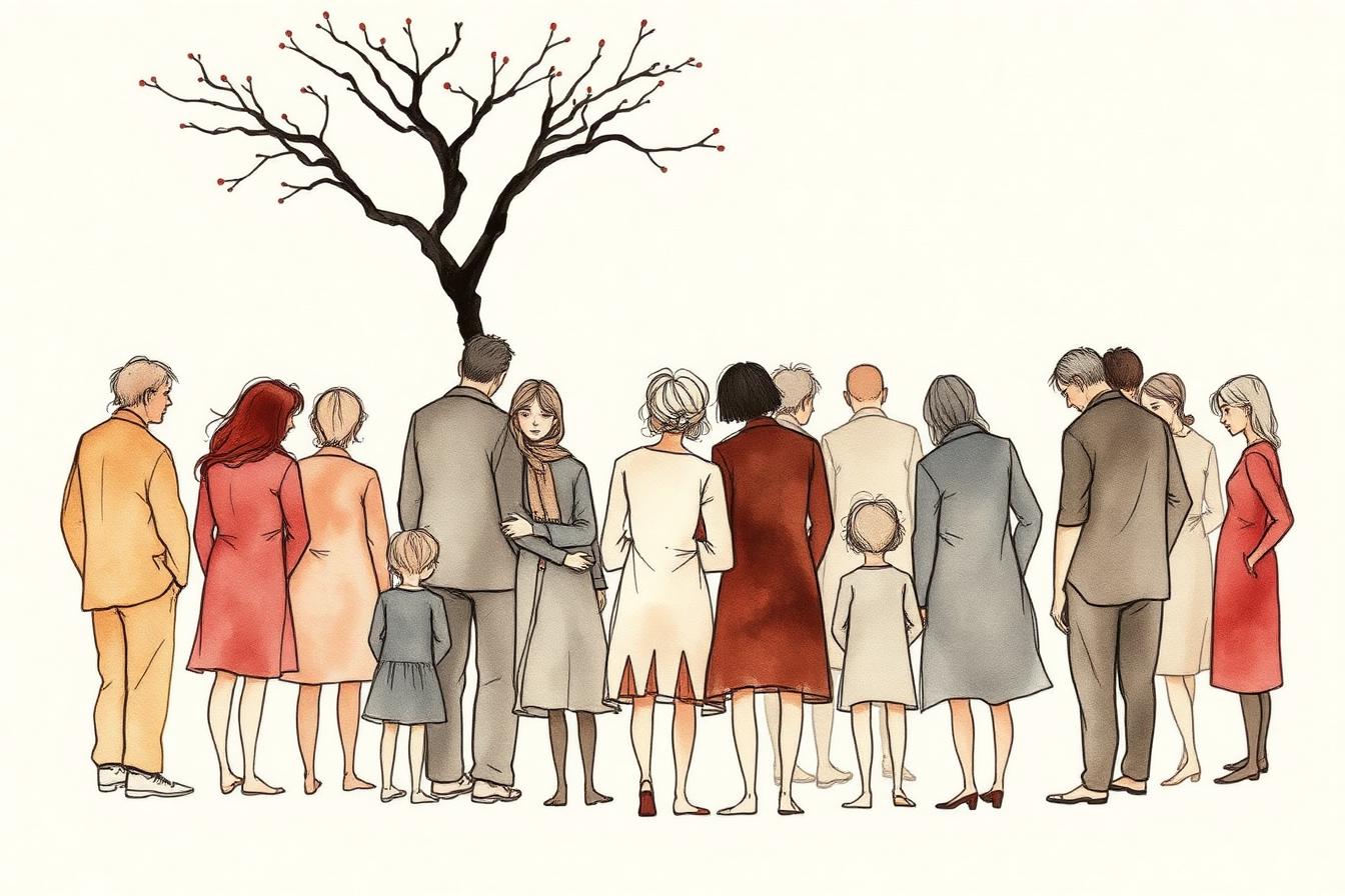 Hands sheltering children with a small chapel, wispy line illustration