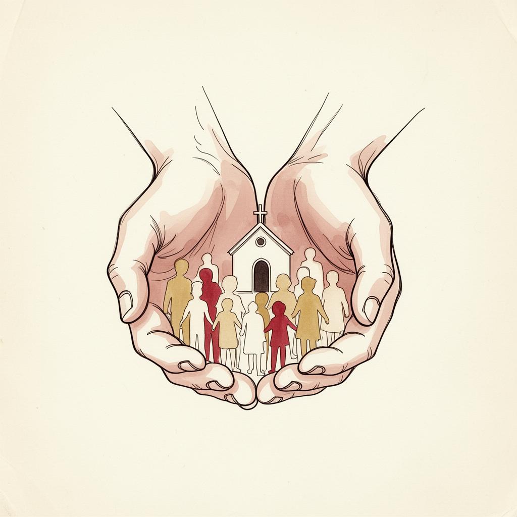 Cupped hands sheltering children and a small chapel, wispy line illustration