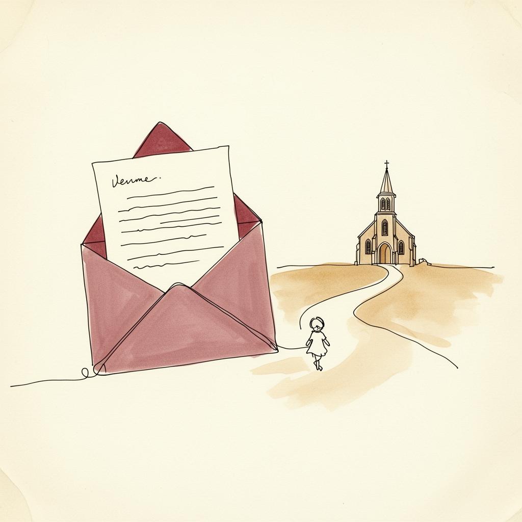 Letter and small chapel with a child walking the path