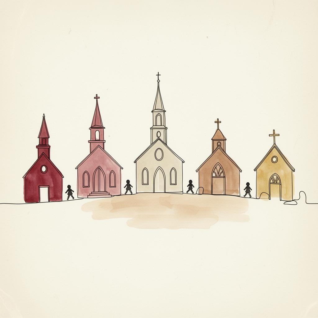 A row of distinct Protestant chapels with children walking between them
