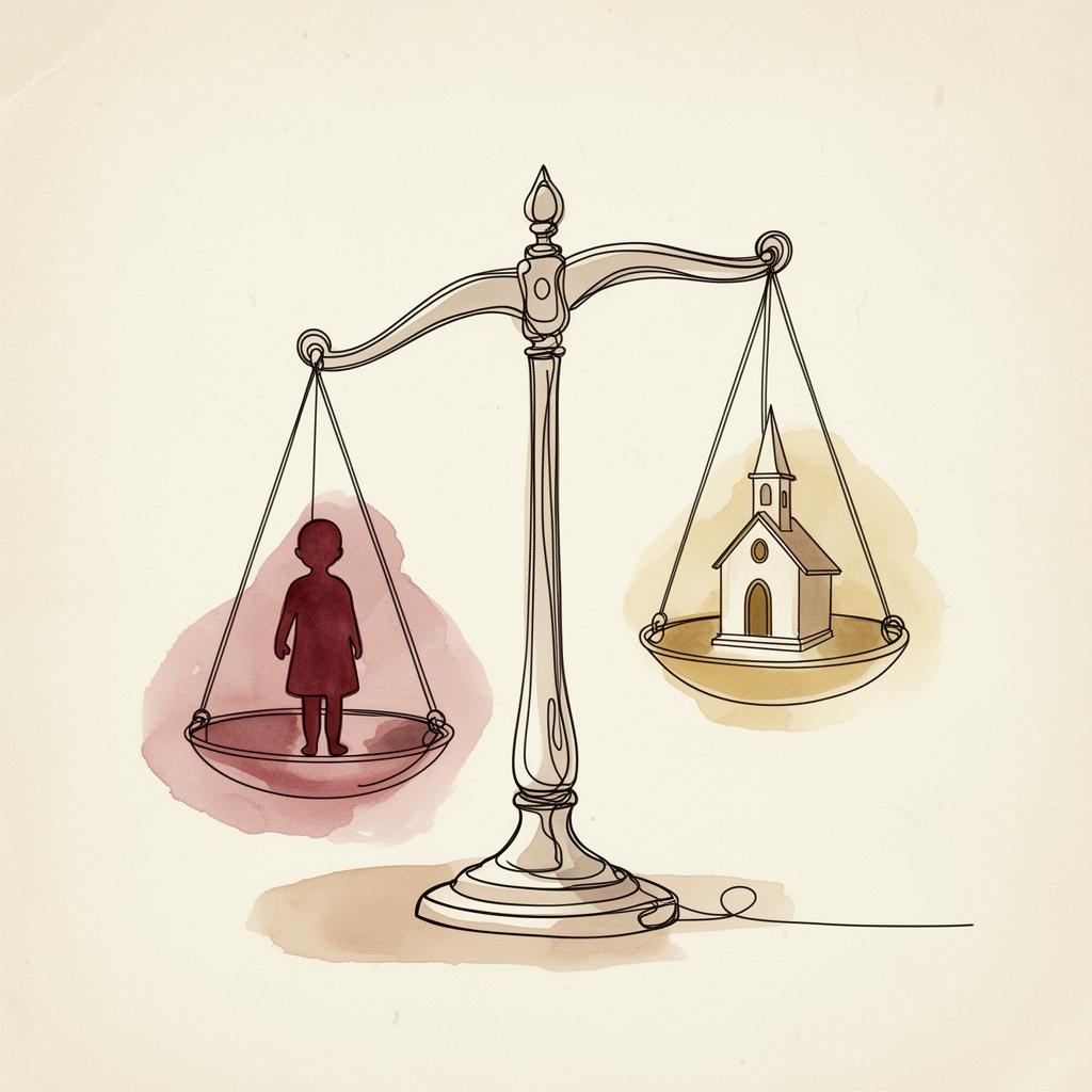 Scales of justice with a child and chapel, wispy line illustration