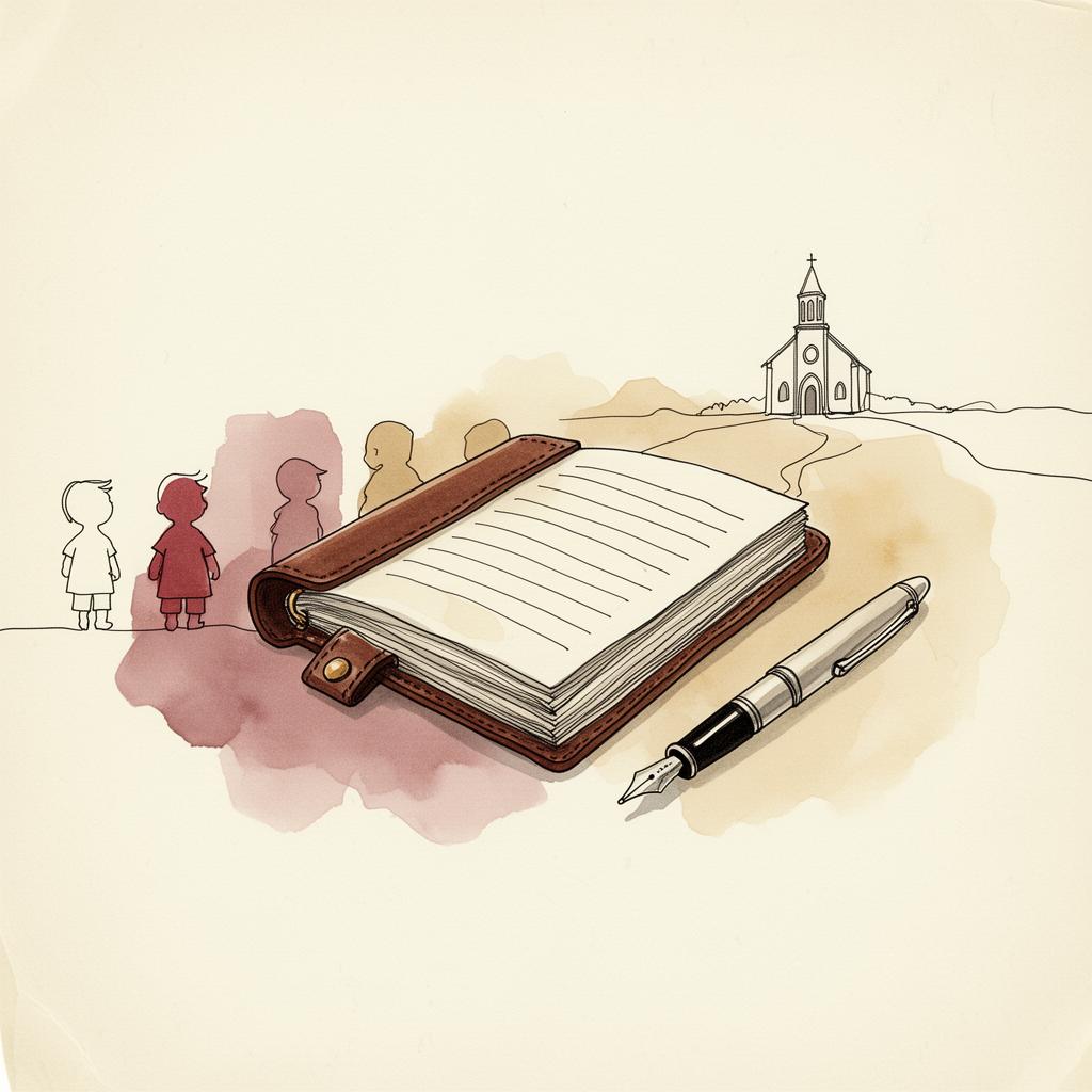 Open journal and fountain pen with children and a small chapel